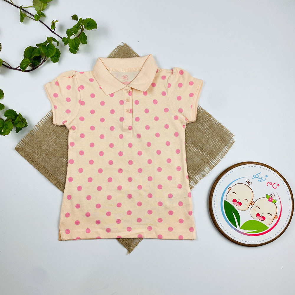 پولوشرت ( تیشرت یقه دار ) آستین کوتاه برند لوپیلو طرح توپ توپی دو دکمه گلبهی رنگ