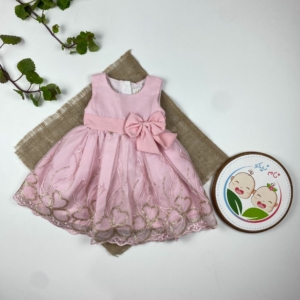 پیراهن نوزادی دخترانه آستین حلقه ای طرح پاپیون دار یقه گرد پایین حریر صورتی رنگ - 3 تا 6 ماه