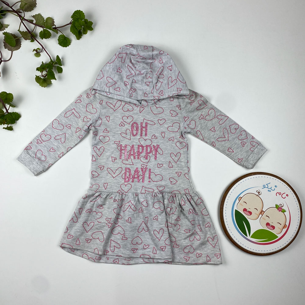 بلوز نوزادی دخترانه آستین بلند طرح چین چین قلبی کلاه دار طوسی رنگ - 18 تا 24 ماه