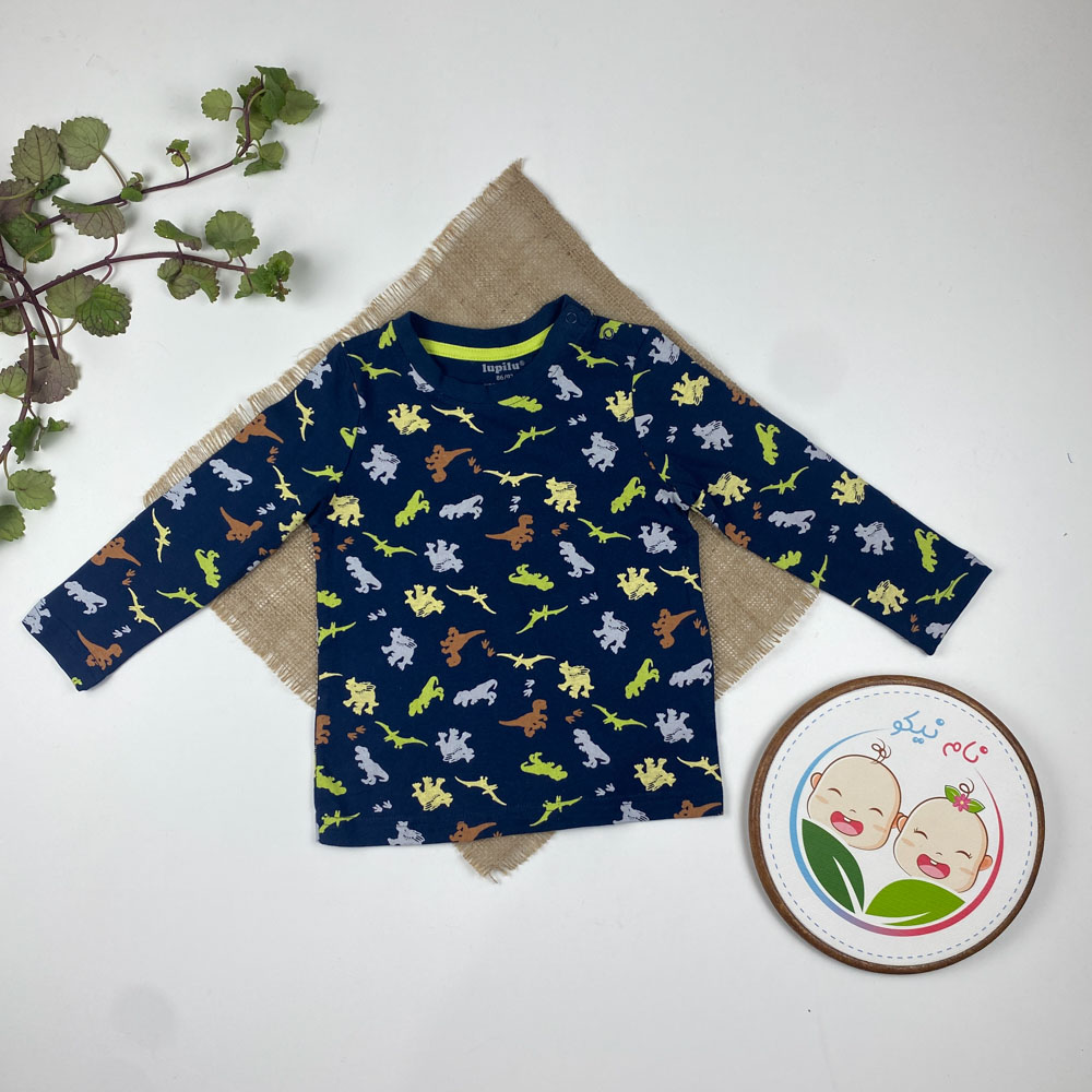 بلوز نوزادی آستین بلند برند لوپیلو طرح تمساح یقه گرد دو دکمه سرمه ای رنگ - 12 تا 24 ماه