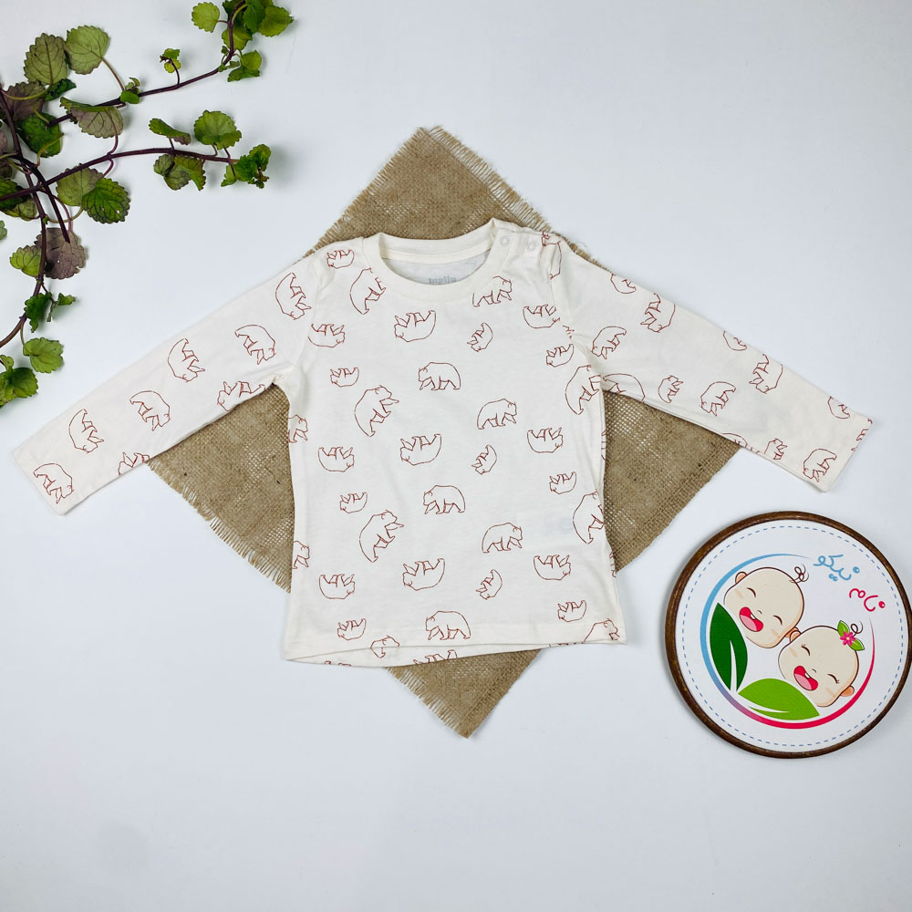 بلوز نوزادی آستین بلند برند لوپیلو طرح خرس ها یقه گرد دو دکمه ای شیری رنگ - 12 تا 24 ماه