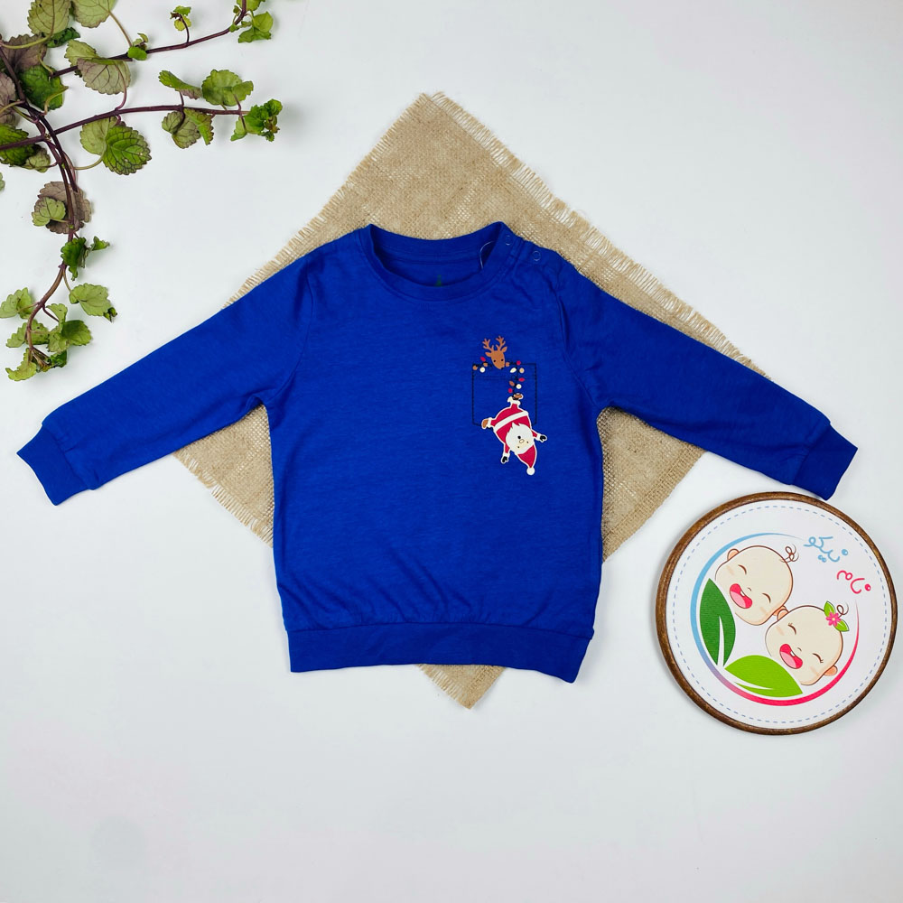 بلوز نوزادی آستین بلند برند لوپیلو طرح گوزن بابانوئل یقه گرد دو‌دکمه ای آبی کاربنی رنگ - 12 تا 24 ماه