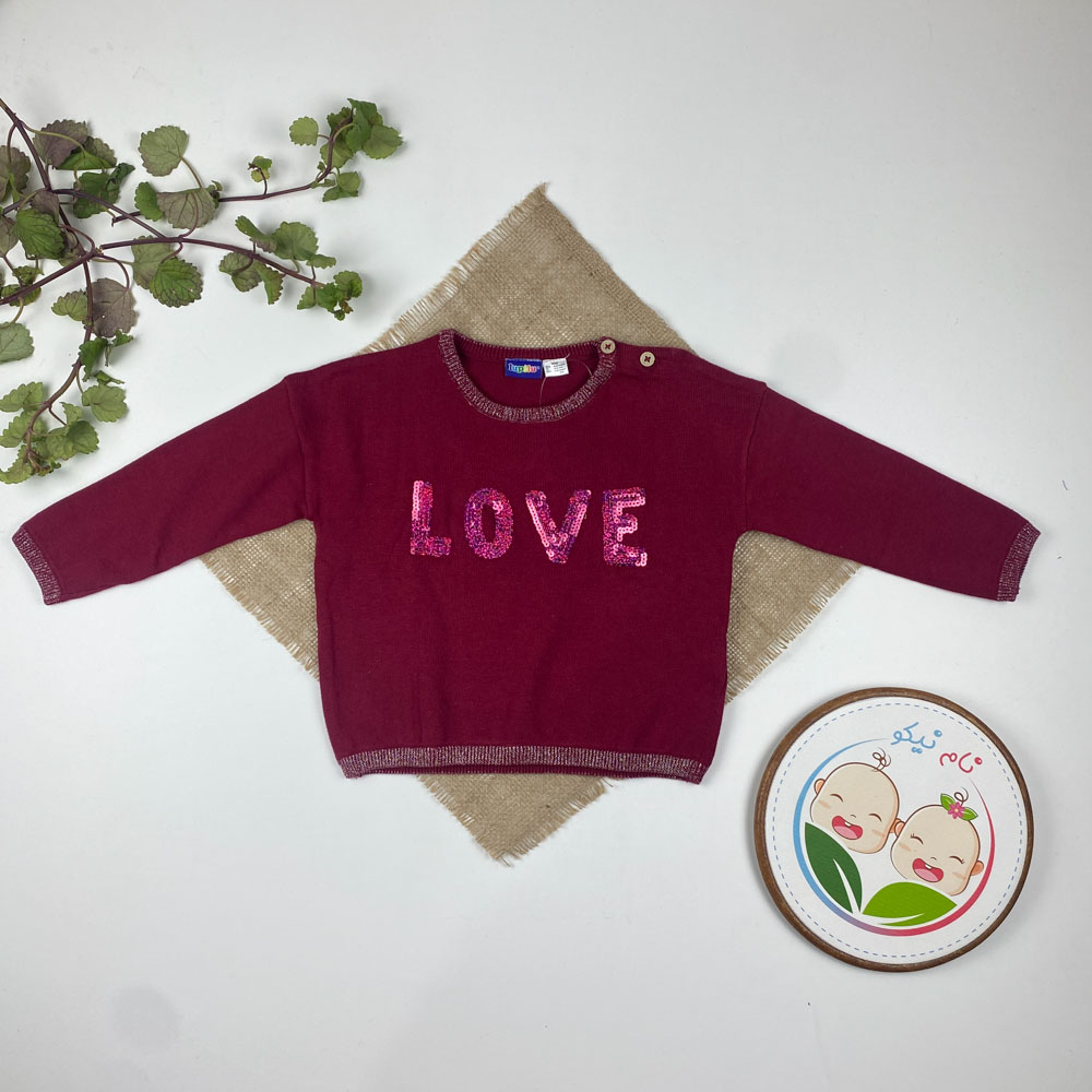 بلوز نوزادی دخترانه آستین بلند برند لوپیلو طرح Love یقه گرد دو دکمه ای جگری رنگ - 12 تا 24 ماه