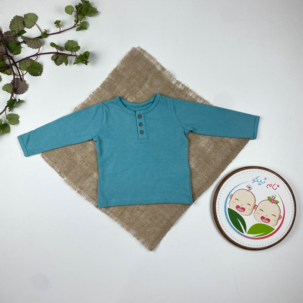 بلوز نوزادی آستین بلند برند لوپیلو طرح ساده یقه گرد سه دکمه سبز صابونی رنگ