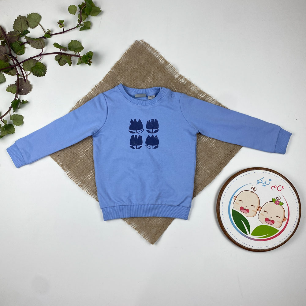 بلوز نوزادی آستین بلند برند لوپیلو طرح چهار گل یقه گرد دو دکمه ای آبی نیلی رنگ - 6 تا 12 ماه