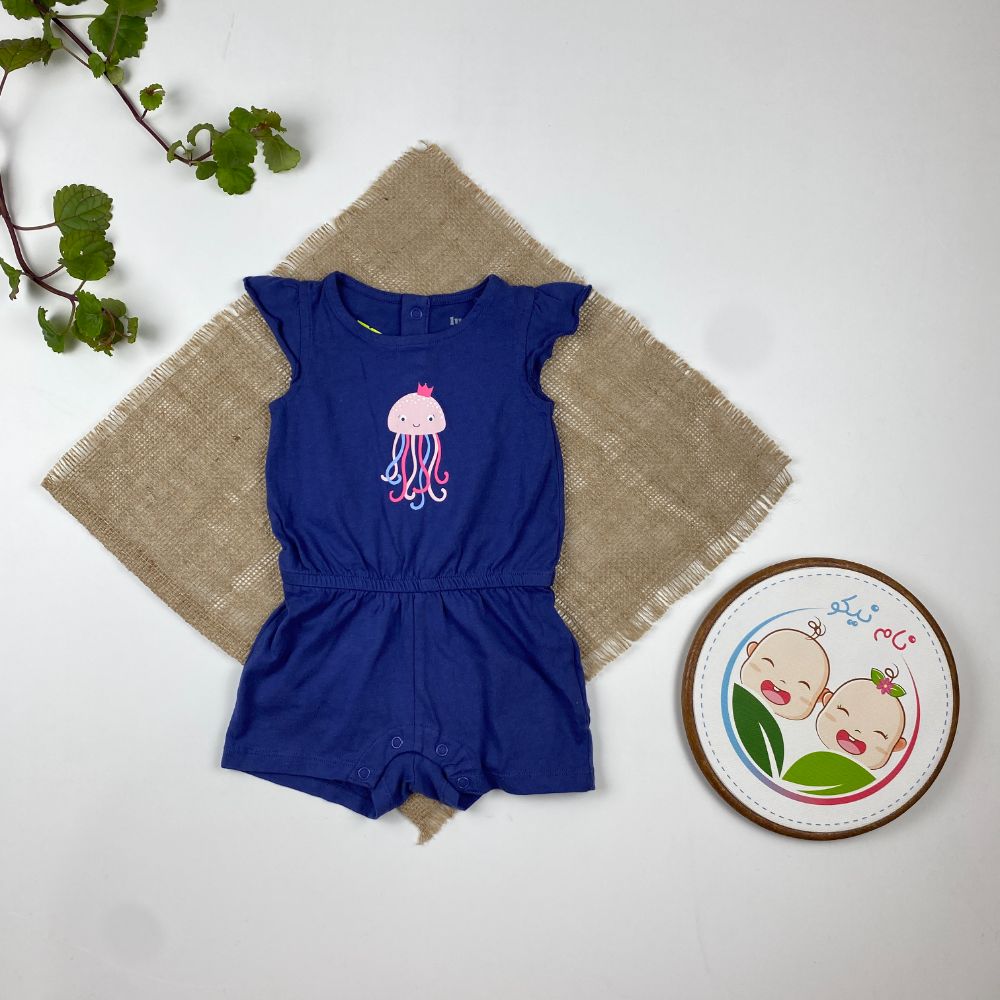 رامپر نوزادی دخترانه آستین کوتاه برند لوپیلو طرح هشت پا یقه گرد سرمه ای رنگ - 2 تا 6 ماه