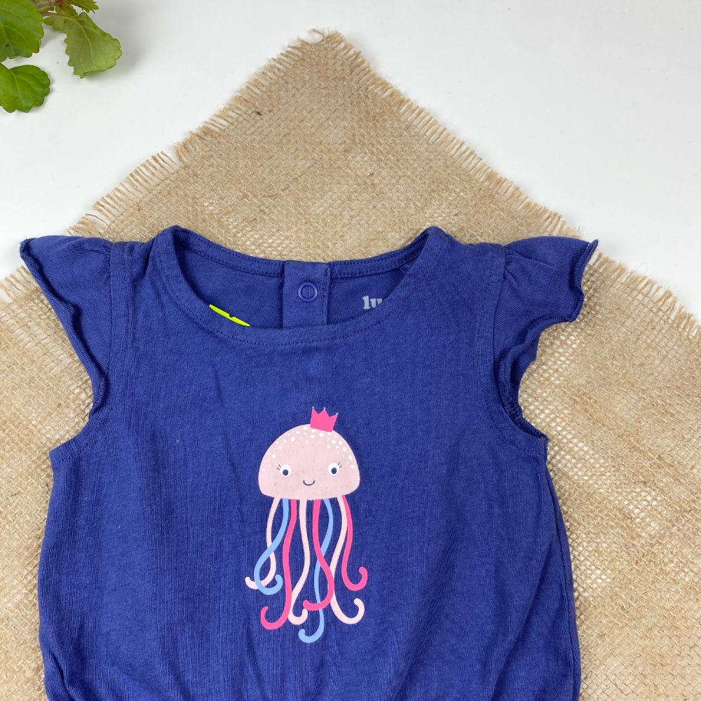 رامپر نوزادی دخترانه آستین کوتاه برند لوپیلو طرح هشت پا یقه گرد سرمه ای رنگ - 2 تا 6 ماه