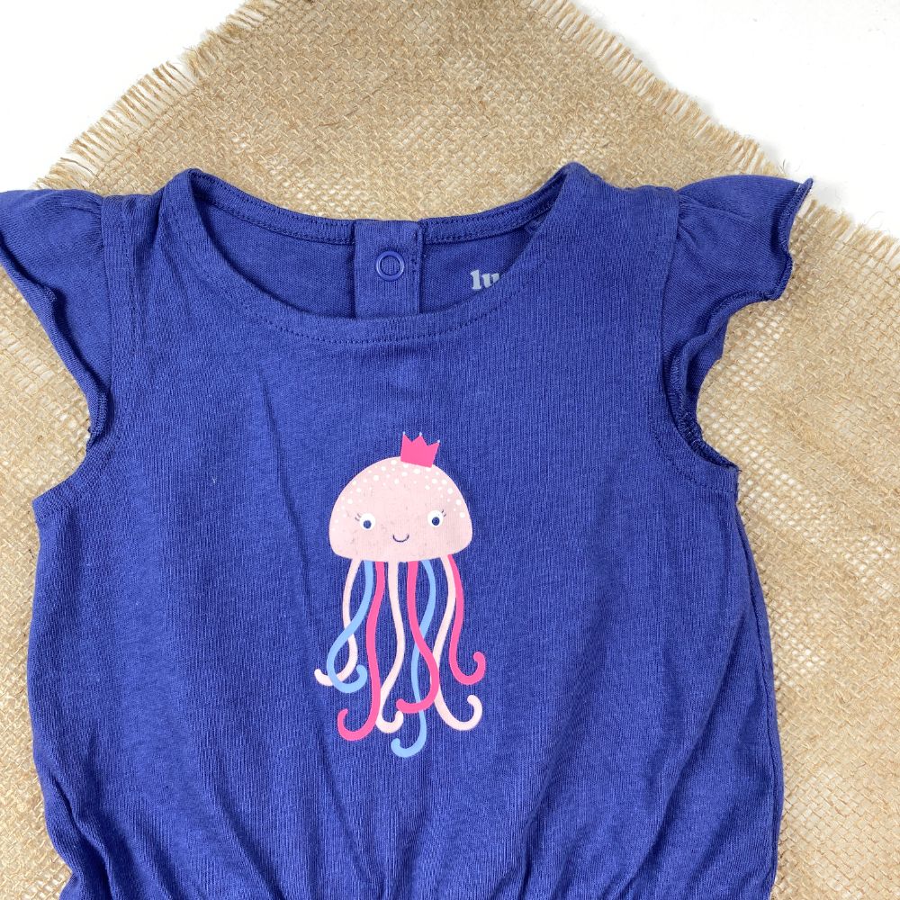 رامپر نوزادی دخترانه آستین کوتاه برند لوپیلو طرح هشت پا یقه گرد سرمه ای رنگ - 2 تا 6 ماه