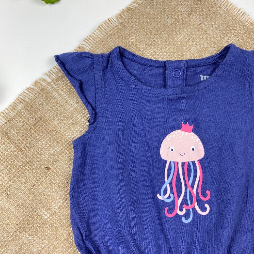 رامپر نوزادی دخترانه آستین کوتاه برند لوپیلو طرح هشت پا یقه گرد سرمه ای رنگ - 2 تا 6 ماه