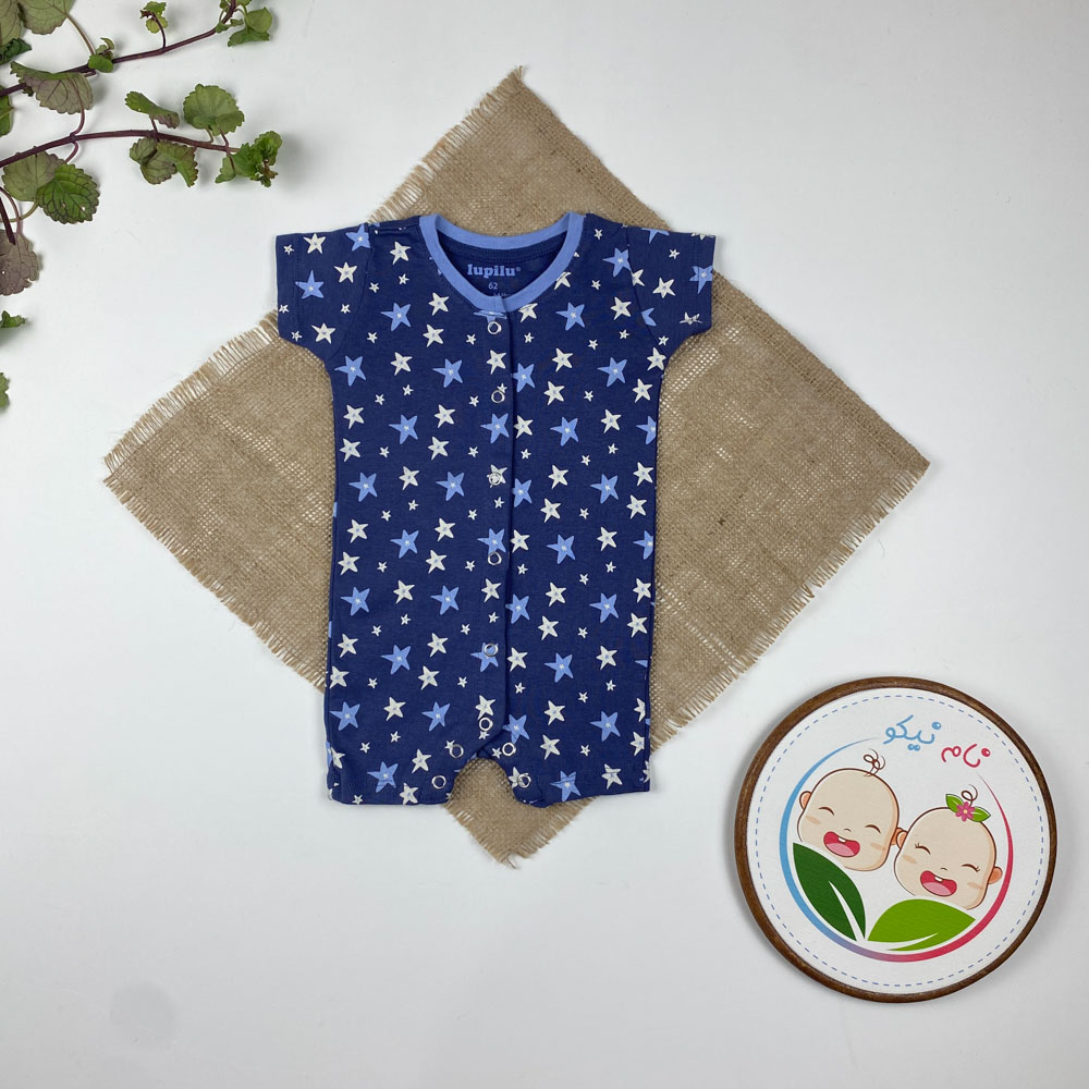 رامپر نوزادی آستین کوتاه برند لوپیلو طرح ستاره ای یقه گرد جلو دکمه ای نیلی رنگ - 2 تا 4 ماه