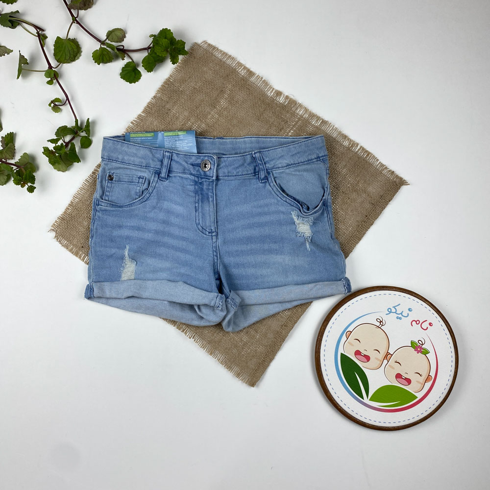 شلوارک دخترانه برند لوپیلو طرح زاپ دار لبه تا شده دکمه ای آبی کمرنگ - 12 تا 13 سال