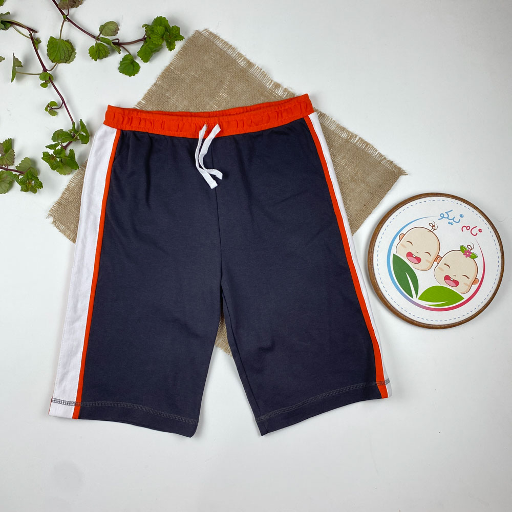 شلوارک پسرانه طرح بغل نوار دار سفید بندک سفید طوسی تیره رنگ - 11 تا 12 سال