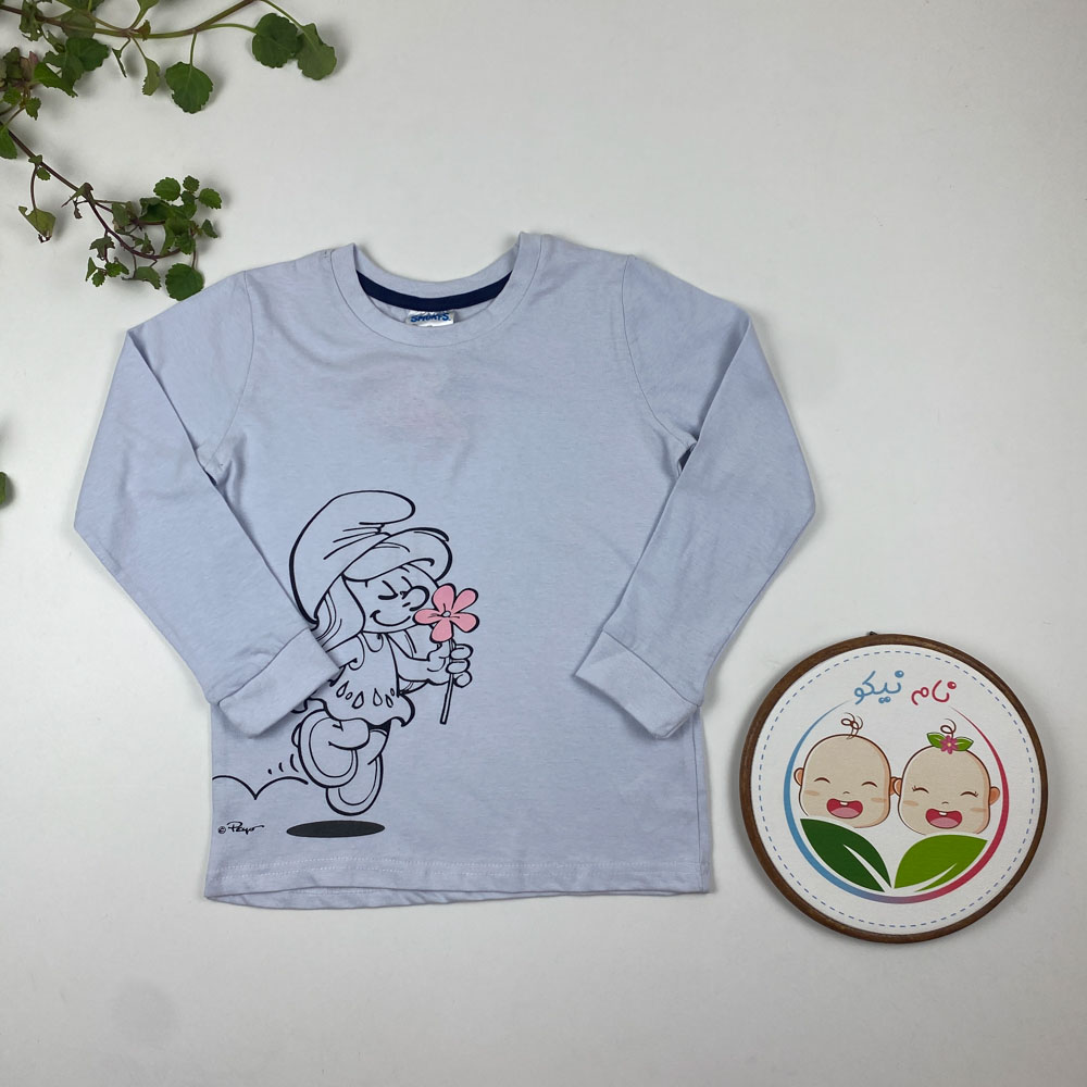 بلوز دخترانه آستین بلند طرح دختر و گل یقه گرد آبی اسمانی رنگ - 5 تا 6 سال