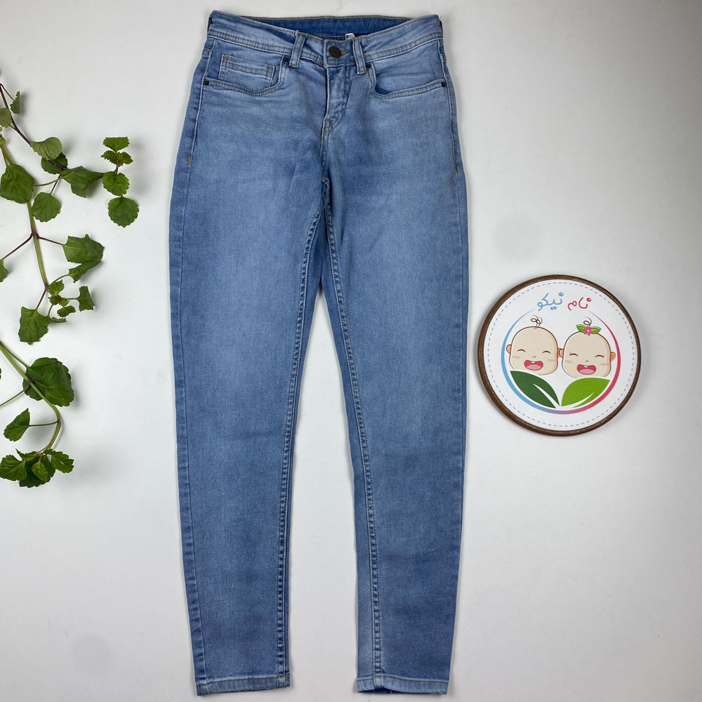 شلوار راسته طرح جیب دار کمر دکمه ای ابی روشن رنگ  - 11 تا 12 سال