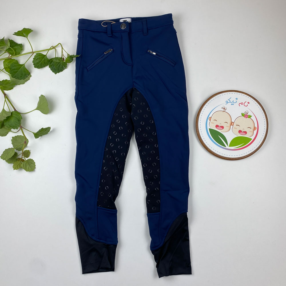 شلوار دخترانه راسته طرح توپی کمر دکمه ای سرمه ای رنگ  - 10 تا 11 سال