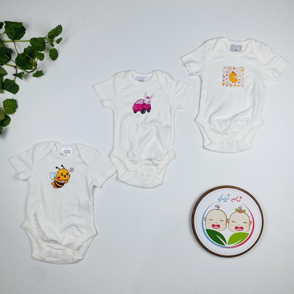 پک سه عددی بادی نوزادی دخترانه آستین کوتاه برند twins طرح حیوانات سفید رنگ - 3 تا 6 ماه