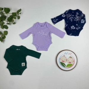 پک سه عددی بادی نوزادی دخترانه آستین بلند برند twins طرح برگ یاسی رنگ - 3 تا 6 ماه