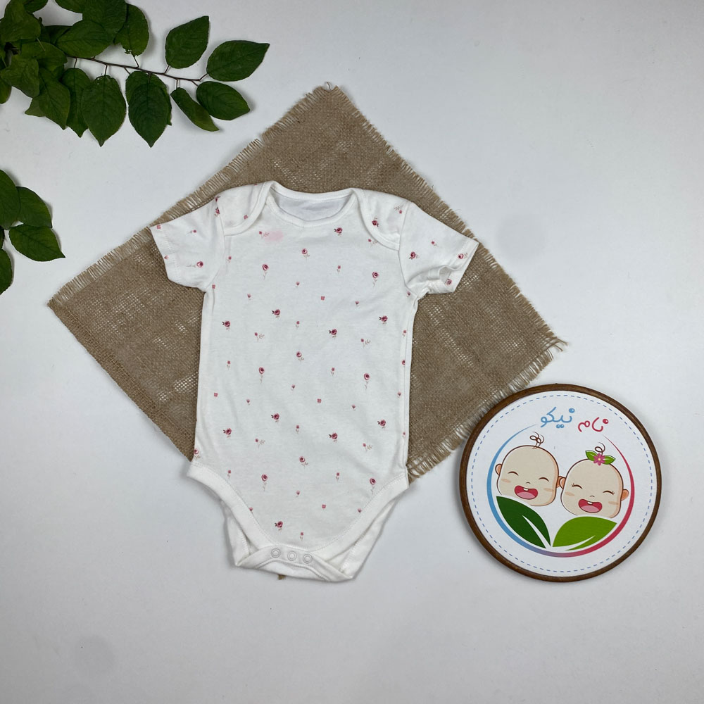 بادی نوزادی دخترانه آستین کوتاه طرح گل گلی یقه گرد سفید رنگ - 6 تا 12 ماه