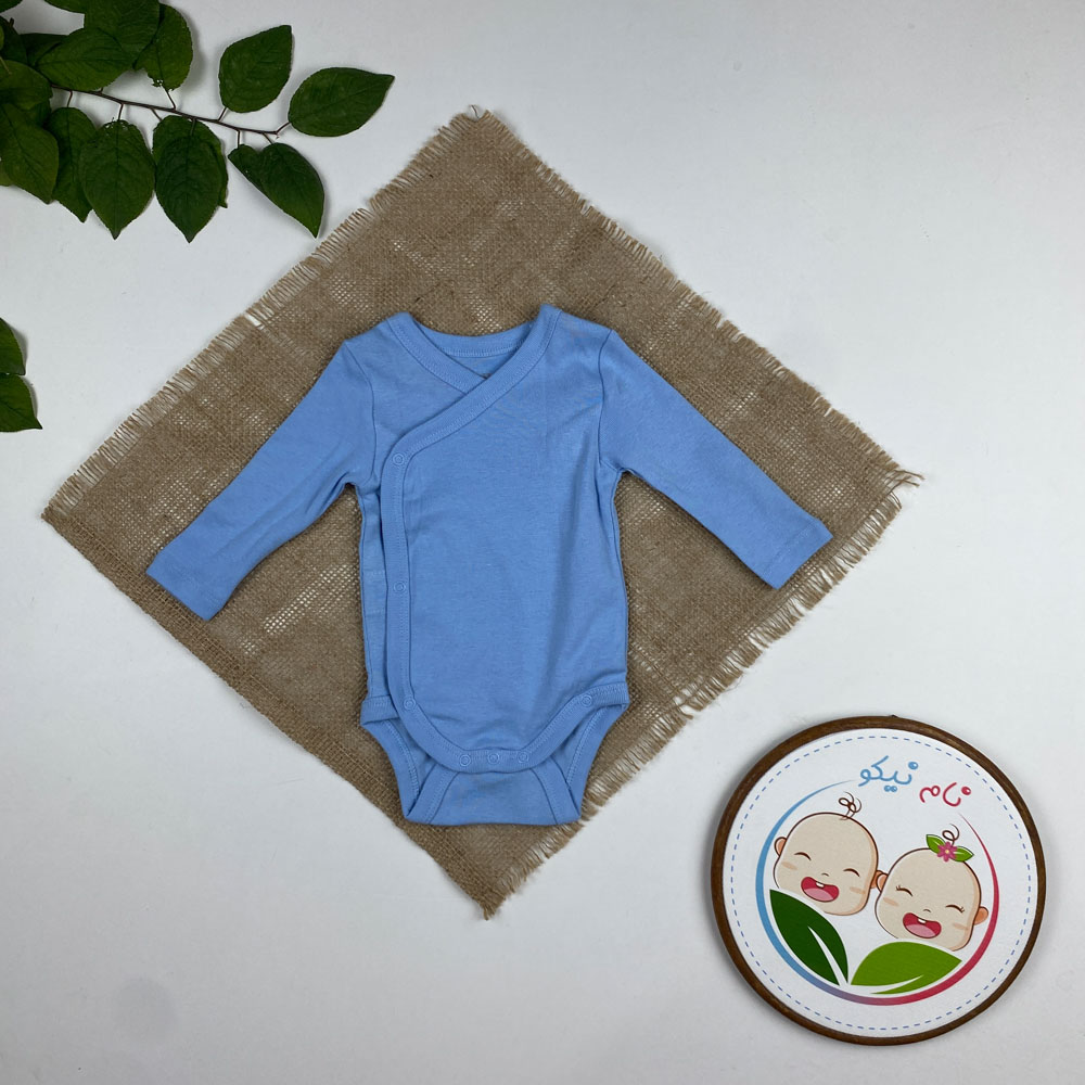 بادی نوزادی آستین بلند برند لوپیلو طرح چپ و راستی یقه گرد ابی روشن رنگ - 0 تا 2 ماه