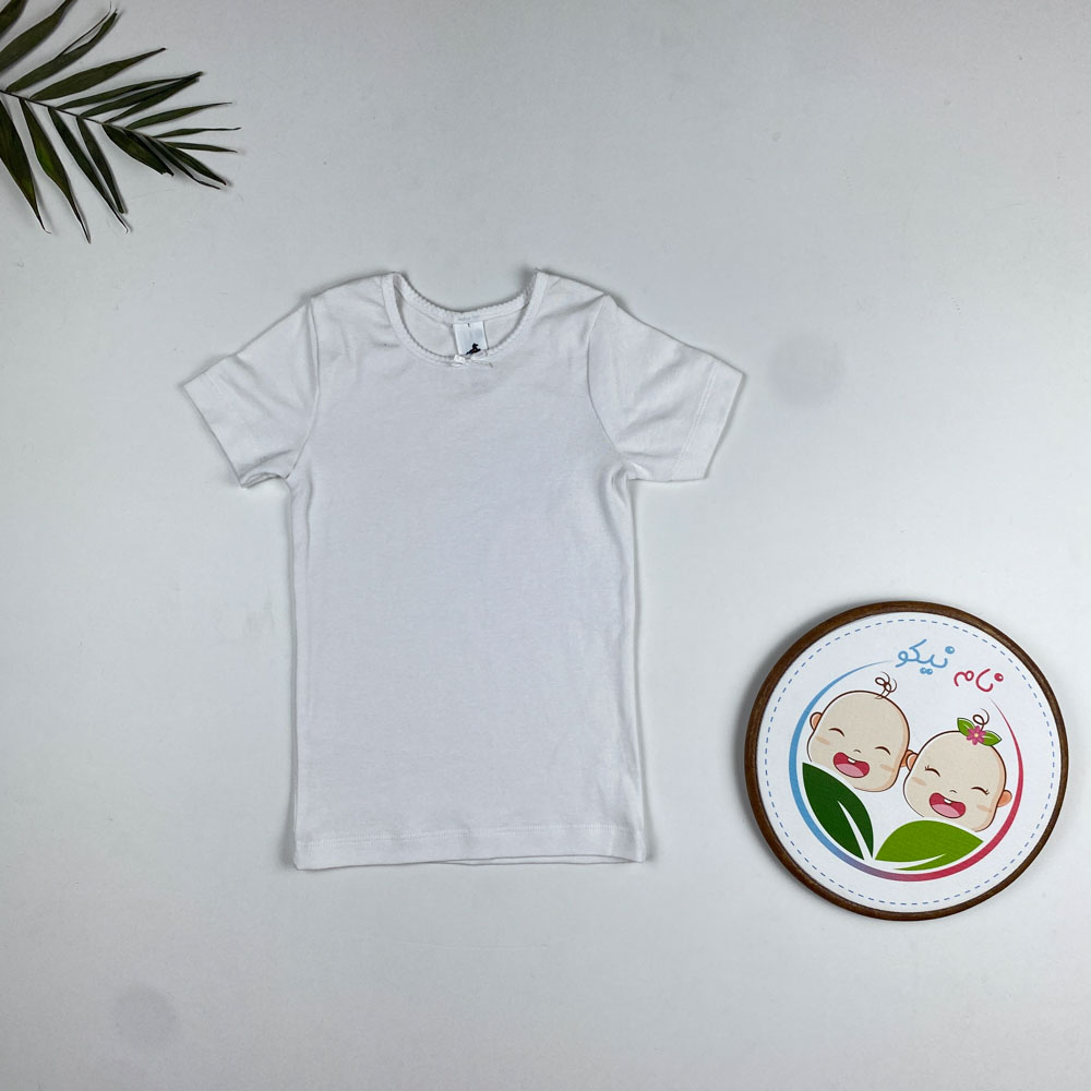تیشرت دخترانه آستین کوتاه طرح پاپیون یقه گرد سفید رنگ