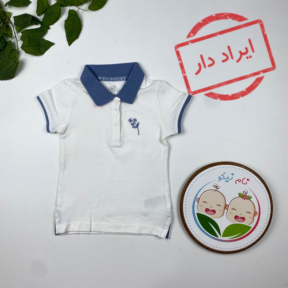 ایراد دار _ تیشرت نوزادی دخترانه آستین کوتاه برند لوپیلو طرح گل یقه دار سفید رنگ - 12 تا 24 ماه