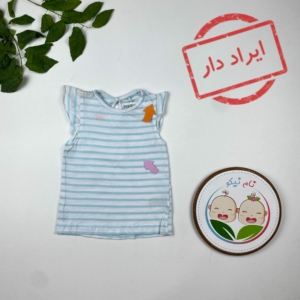 ایراد دار _ تیشرت نوزادی دخترانه آستین کوتاه برند لوپیلو طرح راه راه یقه گرد آبی روشن رنگ - 12 تا 24 ماه
