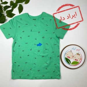ایراد دار _ تیشرت آستین کوتاه طرح نخل و عینک یقه گرد سبز کله غازی رنگ - 11 تا 12 سال