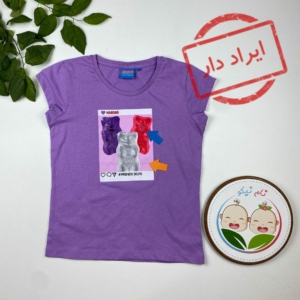 ایراد دار _ تیشرت دخترانه آستین کوتاه طرح سه پاستیل یقه گرد بنفش رنگ - 8 تا 9 سال