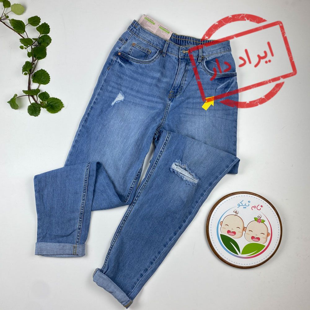 ایراد دار _ شلوار جین دخترانه طرح زاپ دار کمردکمه ای آبی نفتی رنگ - 12 تا 13 سال