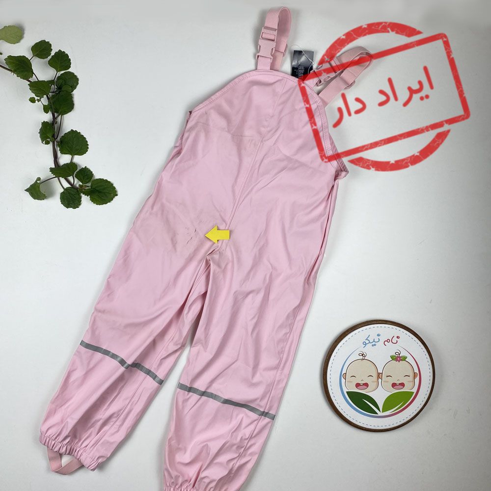 ایراد دار _ شلوار پیشبندی دخترانه آستین تاپ طرح مچ دار صورتی کمرنگ