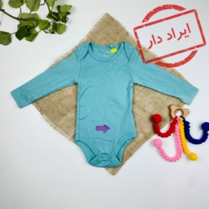 ایراد دار _ بادی نوزادی آستین بلند طرح ساده یقه گرد ساده آبی رنگ - 6 تا 12 ماه