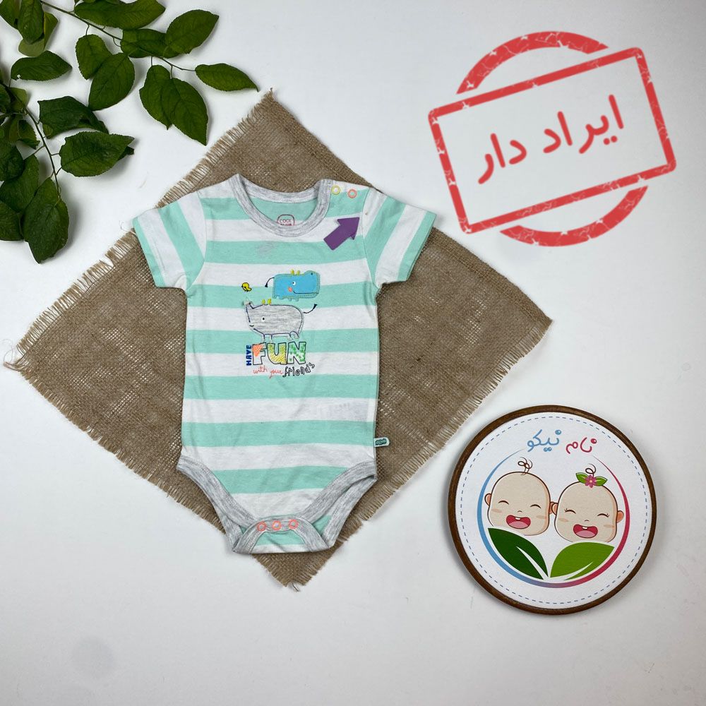 ایراد دار _ بادی نوزادی آستین کوتاه طرح فیل راه راه سبز صابونی رنگ - 6 تا 9 ماه
