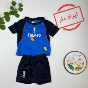 ایراد دار _ ست تیشرت و شورتک پسرانه آستین کوتاه طرح متن فرانسه یقه گرد آبی تیره رنگ - 2 تا 4 سال
