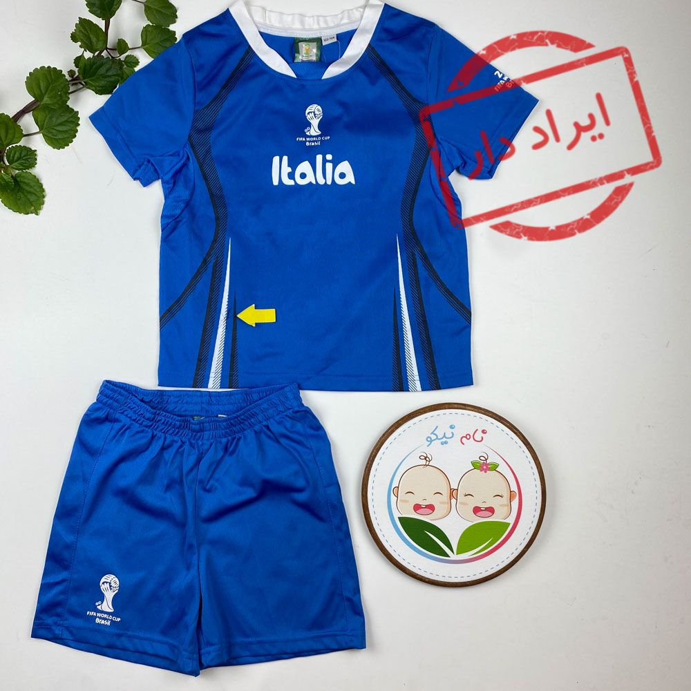 ایراد دار _ ست تیشرت و شورتک پسرانه آستین کوتاه طرح متن ایتالیا یقه گرد آبی رنگ