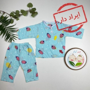 ایراد دار _ ست بلوز و شلوار نوزادی دخترانه آستین بلند طرح توت فرنگی یقه گرد آبی آسمانی رنگ - 12 تا 24 ماه