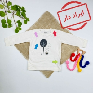 ایراد دار _ بلوز نوزادی آستین بلند طرح خرگوش و درخت یقه گرد بغل یقه دو‌دکمه ای شیری رنگ - 6 تا 9 ماه