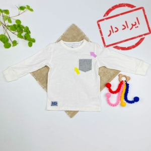 ایراد دار _ بلوز آستین بلند طرح ساده جیب راه راه یقه گرد تک جیب سفید رنگ