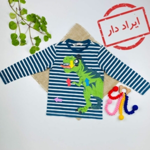 بلوز آستین بلند برند h and m طرح راه راه تمساح یقه گرد سبز تیره رنگ - 2 تا 4 سال