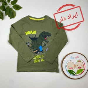 ایراد دار _ بلوز پسرانه آستین بلند طرح دایناسور یقه گرد یشمی رنگ - 5 تا 6 سال