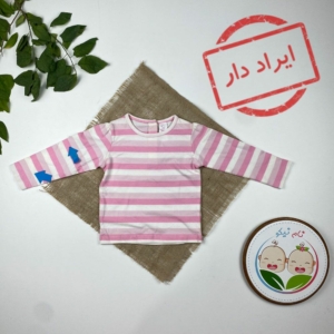 ایراد دار _ بلوز نوزادی دخترانه آستین بلند طرح راه راه یقه گرد صورتی رنگ - 2 تا 6 ماه