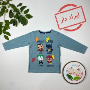 ایراد دار _ بلوز نوزادی پسرانه آستین بلند طرح جوکر و دوستان یقه گرد نیلی رنگ - 12 تا 24 ماه