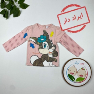 ایراد دار _ بلوز نوزادی دخترانه آستین بلند طرح خرگوش یقه گرد صورتی رنگ - 6 تا 12 ماه