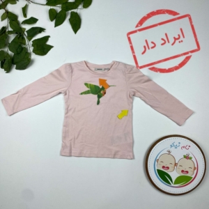 ایراد دار _ بلوز نوزادی دخترانه آستین بلند طرح طوطی یقه گرد صورتی کمرنگ - 6 تا 12 ماه