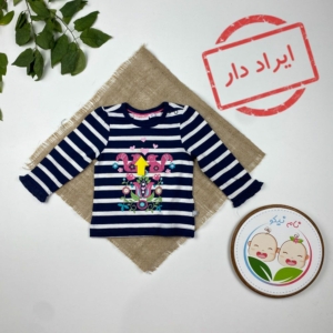 ایراد دار _ بلوز نوزادی دخترانه آستین بلند طرح پیشی و گل راه راه سورمه ای رنگ