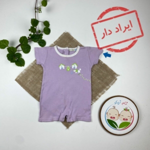 ایراد دار _ رامپر نوزادی دخترانه آستین کوتاه طرح هاپو یقه گرد دو دکمه ای یاسی رنگ - 9 تا 12 ماه