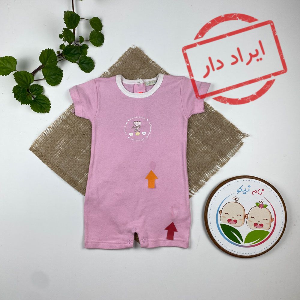 ایراد دار _ رامپر نوزادی دخترانه آستین کوتاه طرح موش یقه گرد دو دکمه ای صورتی کمرنگ - 9 تا 12 ماه