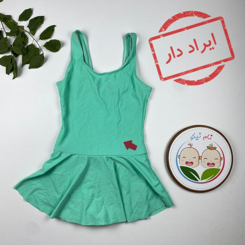 ایراد دار _ مایو دخترانه آستین تاپ طرح ساده شلوارکی سبز صابونی رنگ - 8 تا 9 سال
