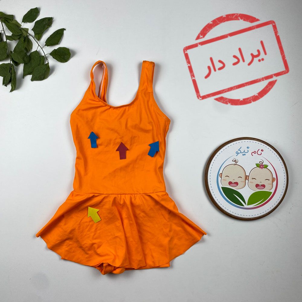 ایراد دار _ مایو دخترانه آستین تاپ طرح ساده شلوارکی نارنجی رنگ - 6 تا 7 سال