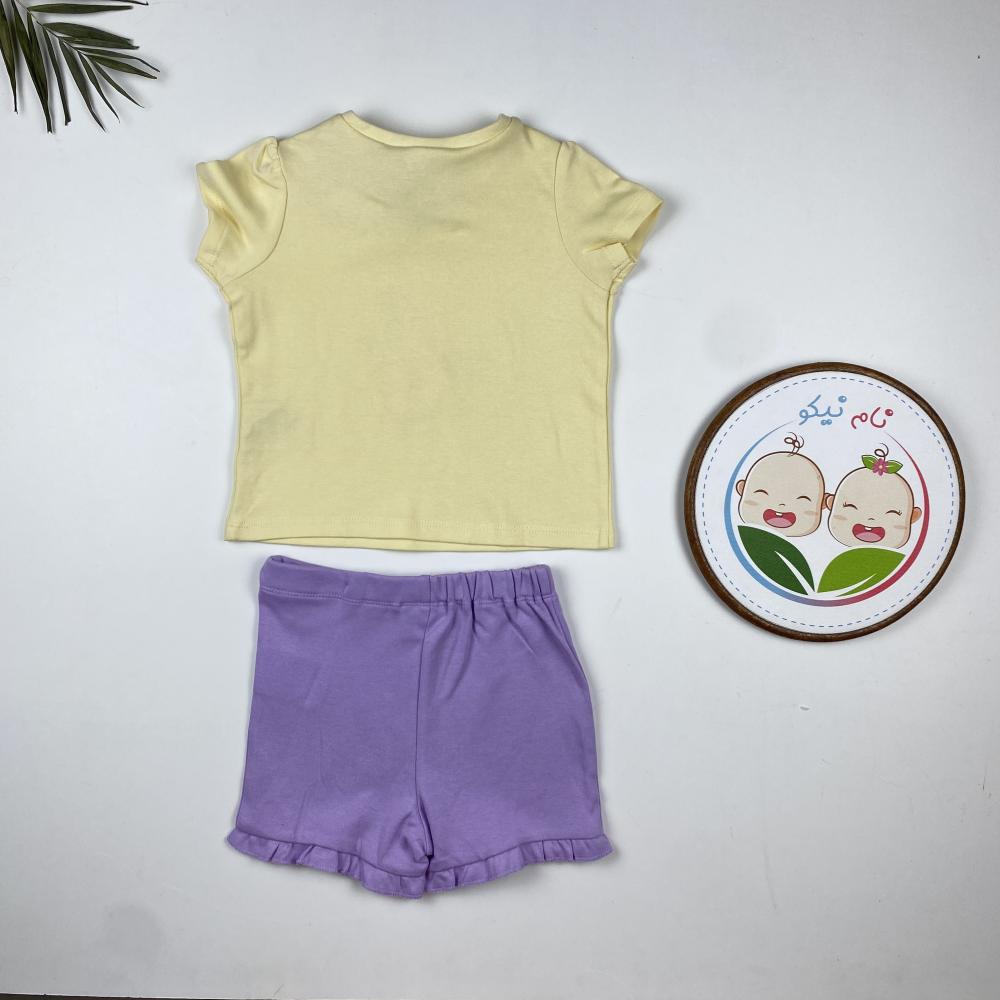 ست تیشرت و شلوارک دخترانه کوتاه برند L and D طرح گل یقه گرد لیمویی رنگ - Image 2