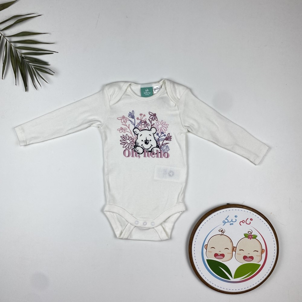 بادی نوزادی دخترانه آستین بلند طرح پو و گل یقه گرد شیری رنگ